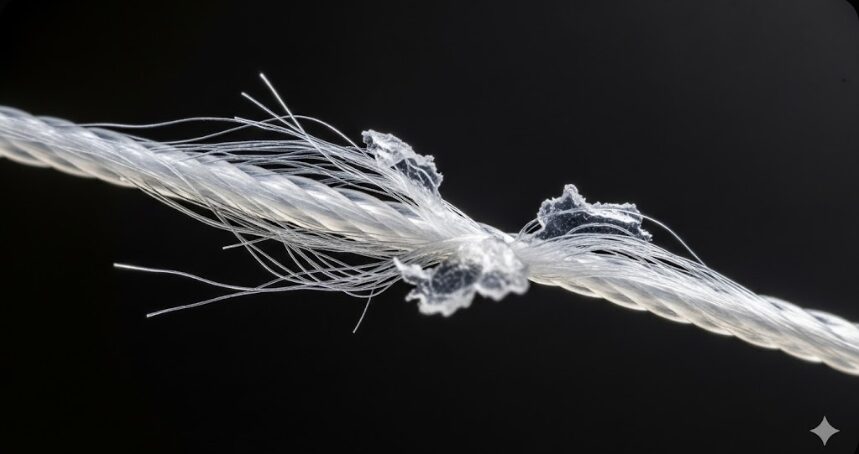 暗い背景に浮かび上がるファイヤーラインの極端なマクロ拡大写真。ラインの表面から微細な繊維が毛羽立ち、コーティングが剥離している様子が鮮明に写っており、ラインの劣化状態を示している。