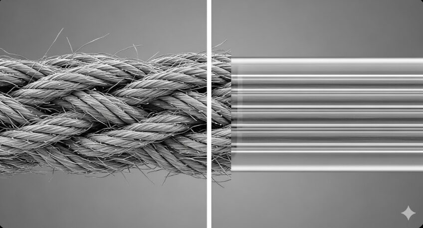 一般的なPEライン（編み込み構造）とファイヤーライン（熱融合構造）の拡大比較図。左側は繊維が編み込まれた凹凸のある表面、右側は繊維が平行に熱融合されコーティングされた滑らかな表面を示している。