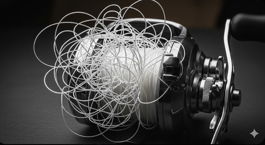 ベイトリールのスプール上で激しくバックラッシュ（糸絡み）を起こしている白いファイヤーラインのクローズアップ。硬いラインがスプリングのようにスプールから浮き上がり、複雑に絡み合っている様子