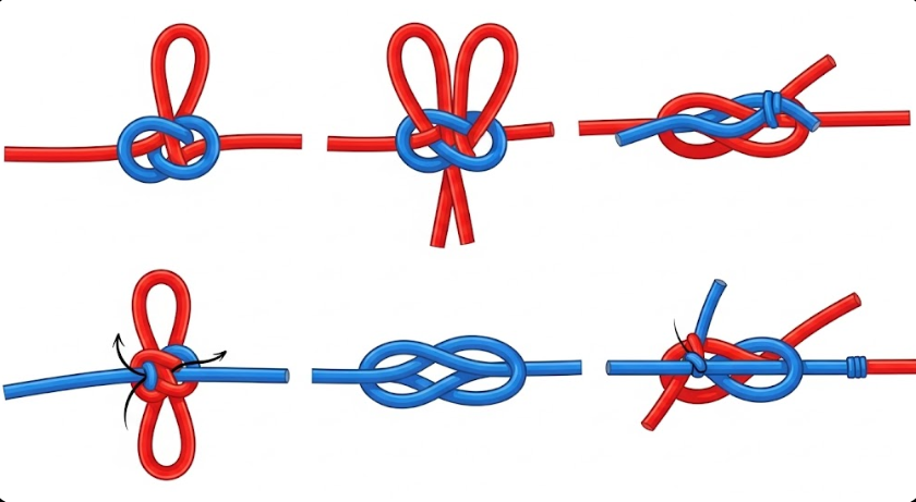 異なる色のライン（赤と青）を使用したダブルユニノットの結び方を示すステップバイステップ形式のベクターイラスト。結び目の構造とラインの絡み合いが白背景ではっきりと描かれている