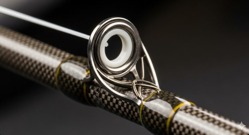 ロッドのガイドリングを通過するファイヤーラインのマクロ写真。ラインがリングに強く接触している様子を横から捉え、高い摩擦抵抗と糸鳴りの原因を視覚化している