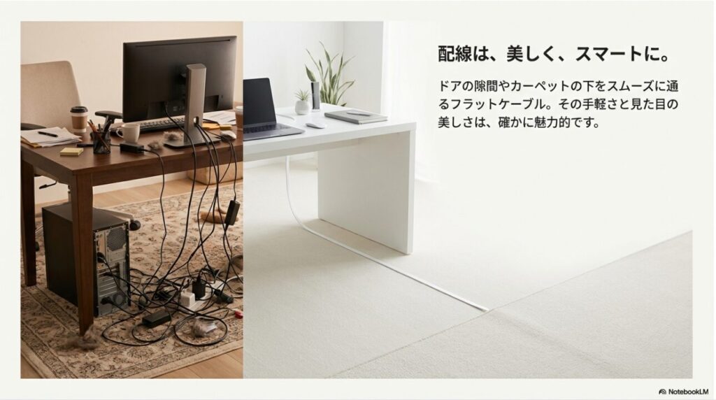 ホワイトのデスク周りで、ドアの隙間やカーペットの下を通る目立たないフラットLANケーブルの配線イメージ