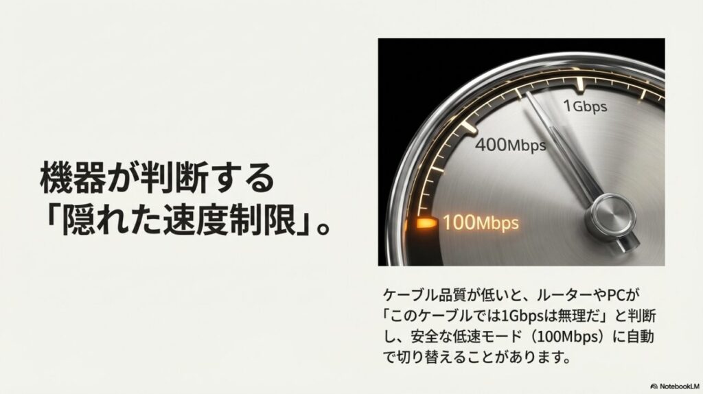 ケーブル品質が低いと判断され、1Gbpsから100Mbpsの低速モードに自動で切り替わる通信速度メーター