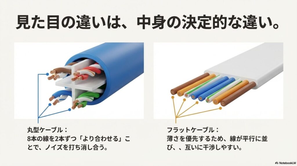 8本の線をより合わせる丸型ケーブルと、薄さを優先して線が平行に並び干渉しやすいフラット型の断面図比較