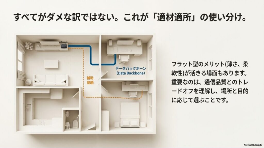 家の基幹（データバックボーン）には丸型、補助接続にはフラット型を使う推奨配線レイアウト図