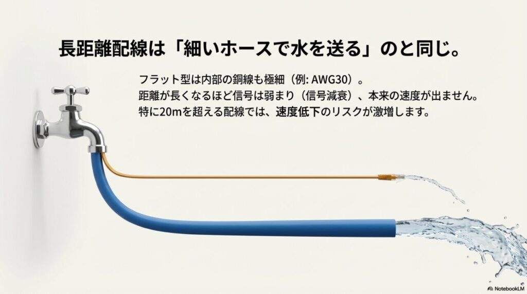 細いホースで水を送る様子に例えた、フラットケーブル（AWG30）の長距離伝送時の信号減衰イメージ