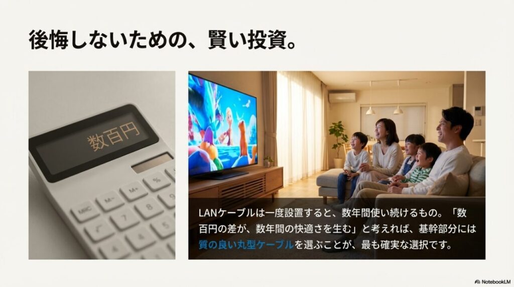数百円の投資が数年間の快適さを生むことを示す電卓と、快適にテレビを楽しむ家族のイメージ