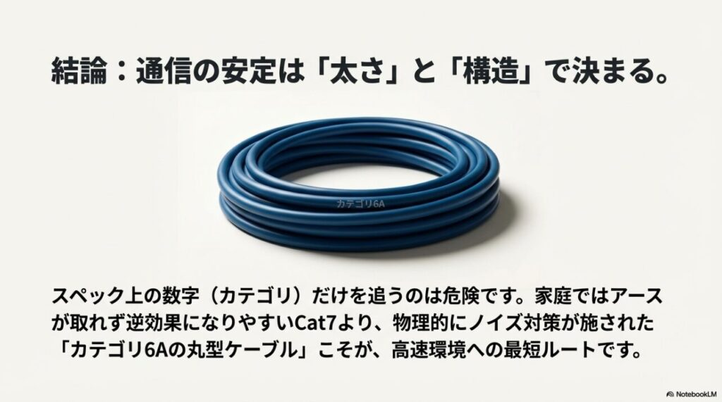 物理的なノイズ対策が施され、高速環境への最短ルートとなるカテゴリ6Aの丸型LANケーブルの写真
