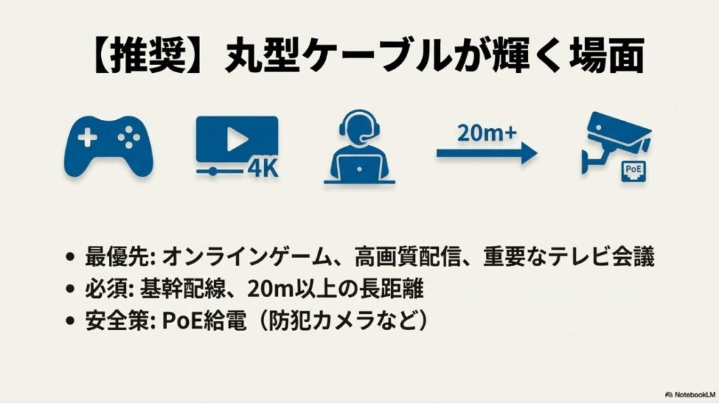 オンラインゲーム、高画質配信、20m以上の長距離配線、PoE給電など丸型が推奨されるシーンのアイコン