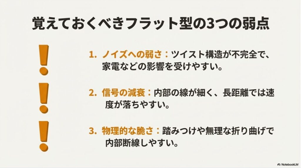 ノイズへの弱さ、信号の減衰、物理的な脆さの3点をまとめたフラット型LANケーブルのデメリットリスト