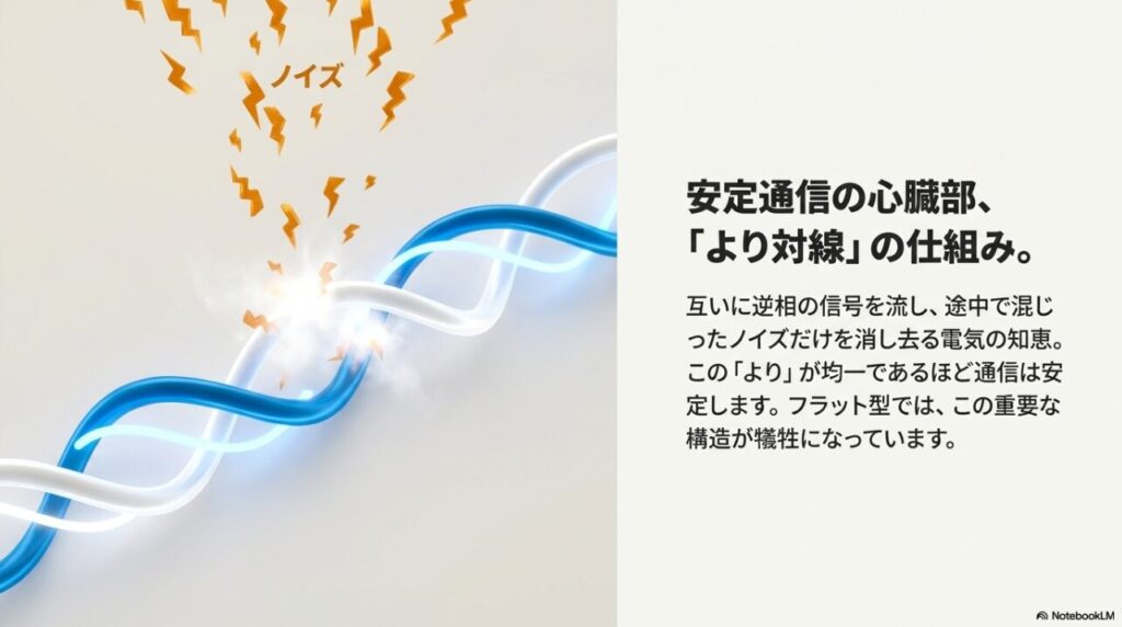 互いに逆位相の信号を流し、途中で混じったノイズだけを消し去るより対線の電気的仕組みの図解